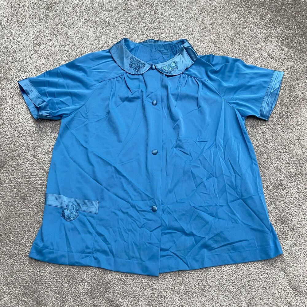Vanity Fair Vinatge Sleepwear Button Down Shirt Women 10 Petite Blue Embroidered